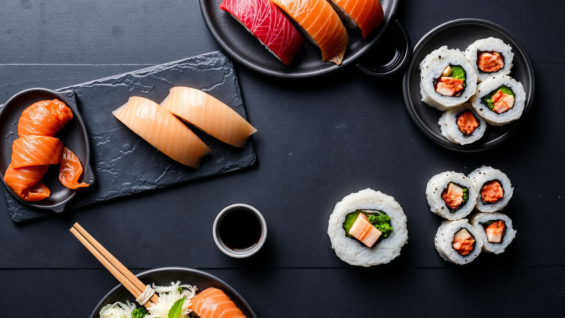 An overhead view of a Japanese sushi spread with nigiri, sashimi and rolls